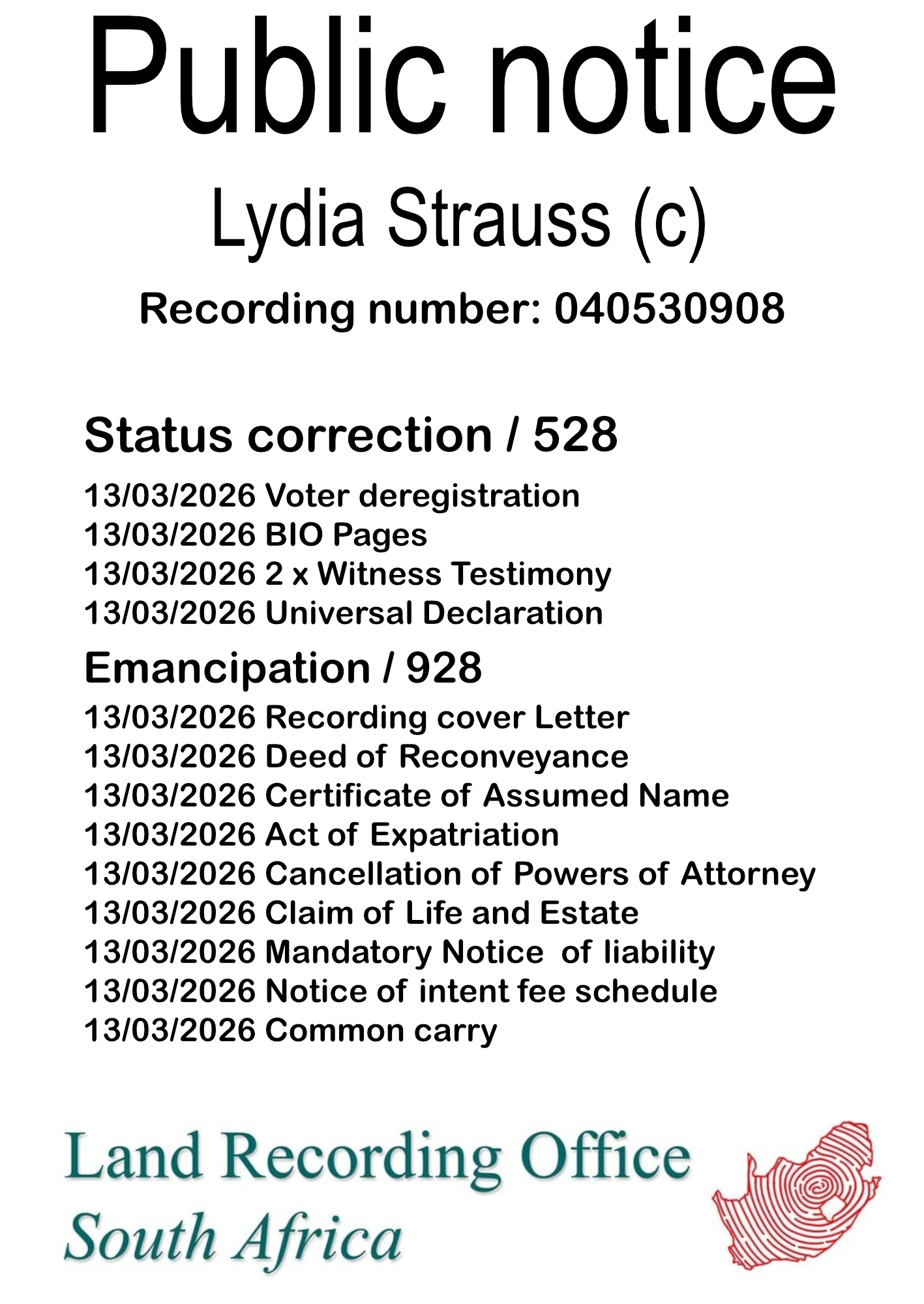 Public notice Lydia Strauss (c) Recording number 040530908